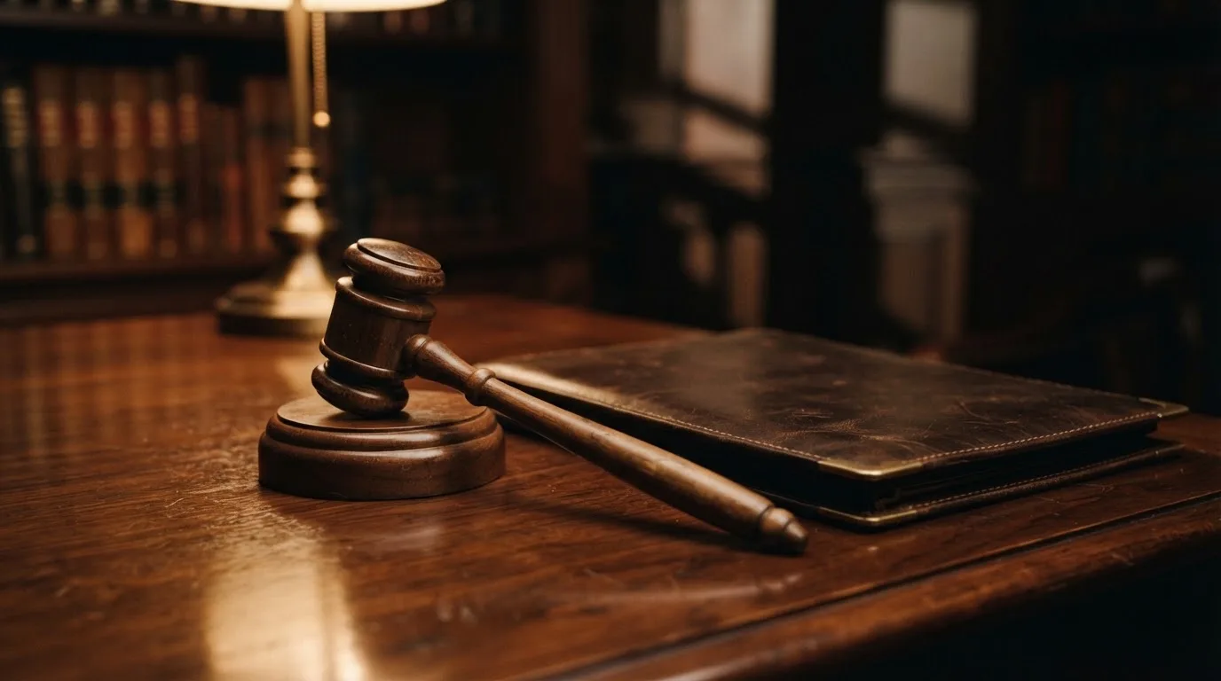 Un ciocan de judecător lângă un dosar de piele închis, pe o masă de nuc lustruit — live blackjack în românia