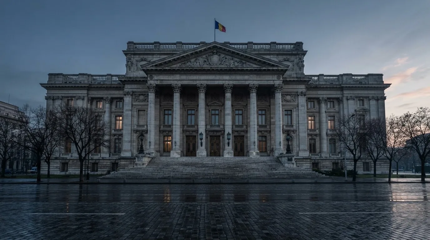 Fațada de piatră a unei clădiri guvernamentale din București, în lumina rece a zorilor — live ruletă în romania
