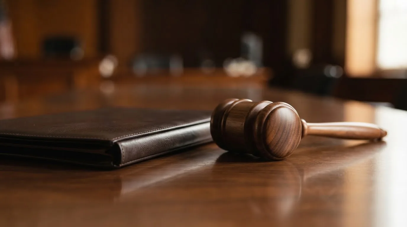 Un ciocan de judecător lângă un dosar de piele închis, pe o masă de nuc lustruit — oferte de cazinouri din românia