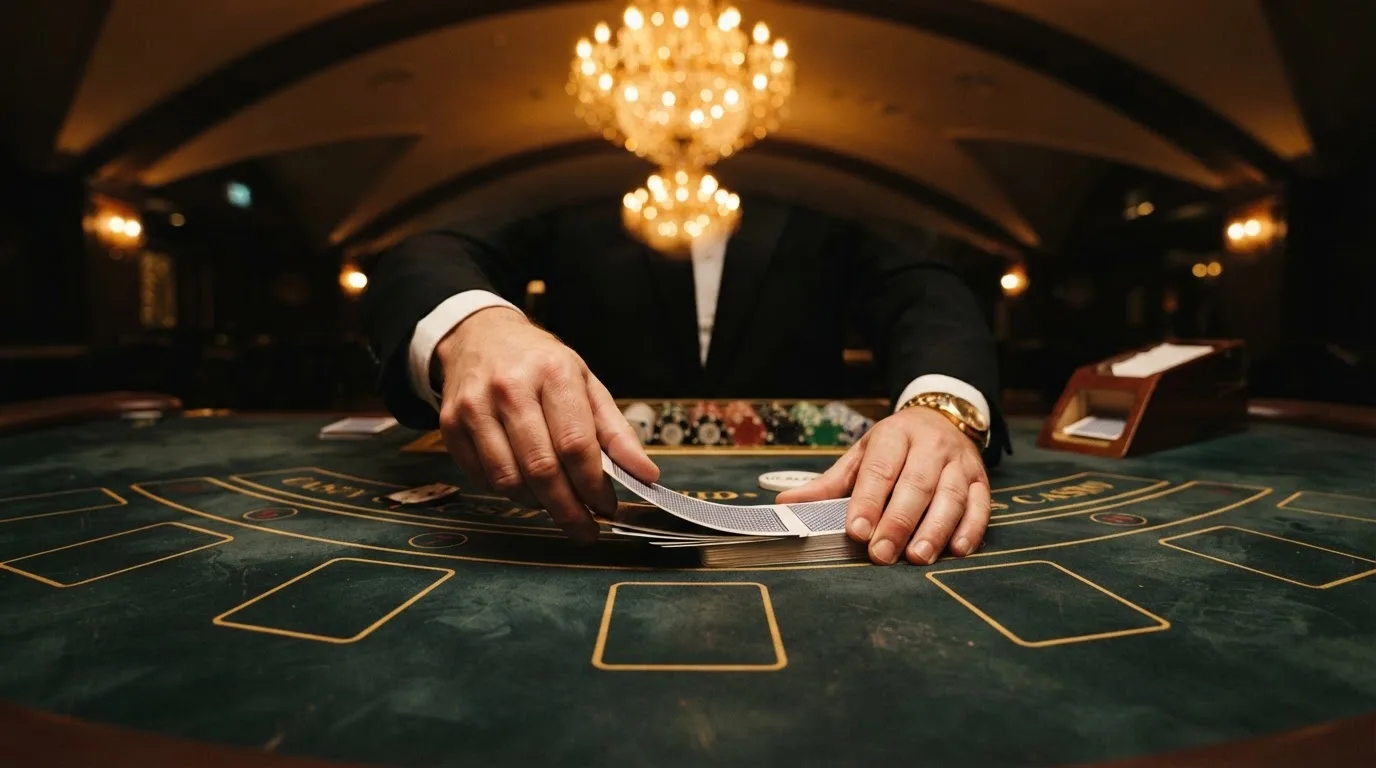 Mâinile unui crupier amestecă cărțile sub candelabrele unui cazinou elegant — păcănele cu fructe în românia