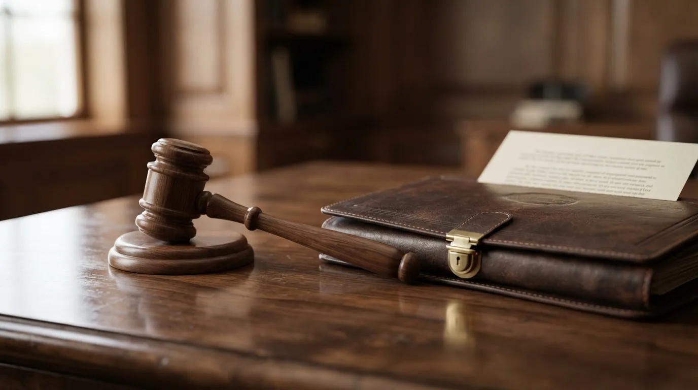 Un ciocan de judecător lângă un dosar de piele închis, pe o masă de nuc lustruit — păcănele cu mod demo în românia
