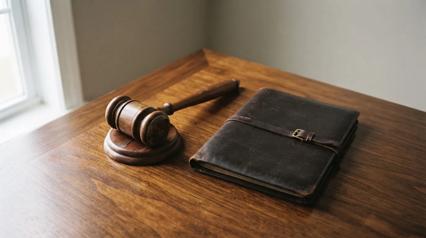 Un ciocan de judecător lângă un dosar de piele închis, pe o masă de nuc lustruit — păcănele cu rotiri gratuite în românia