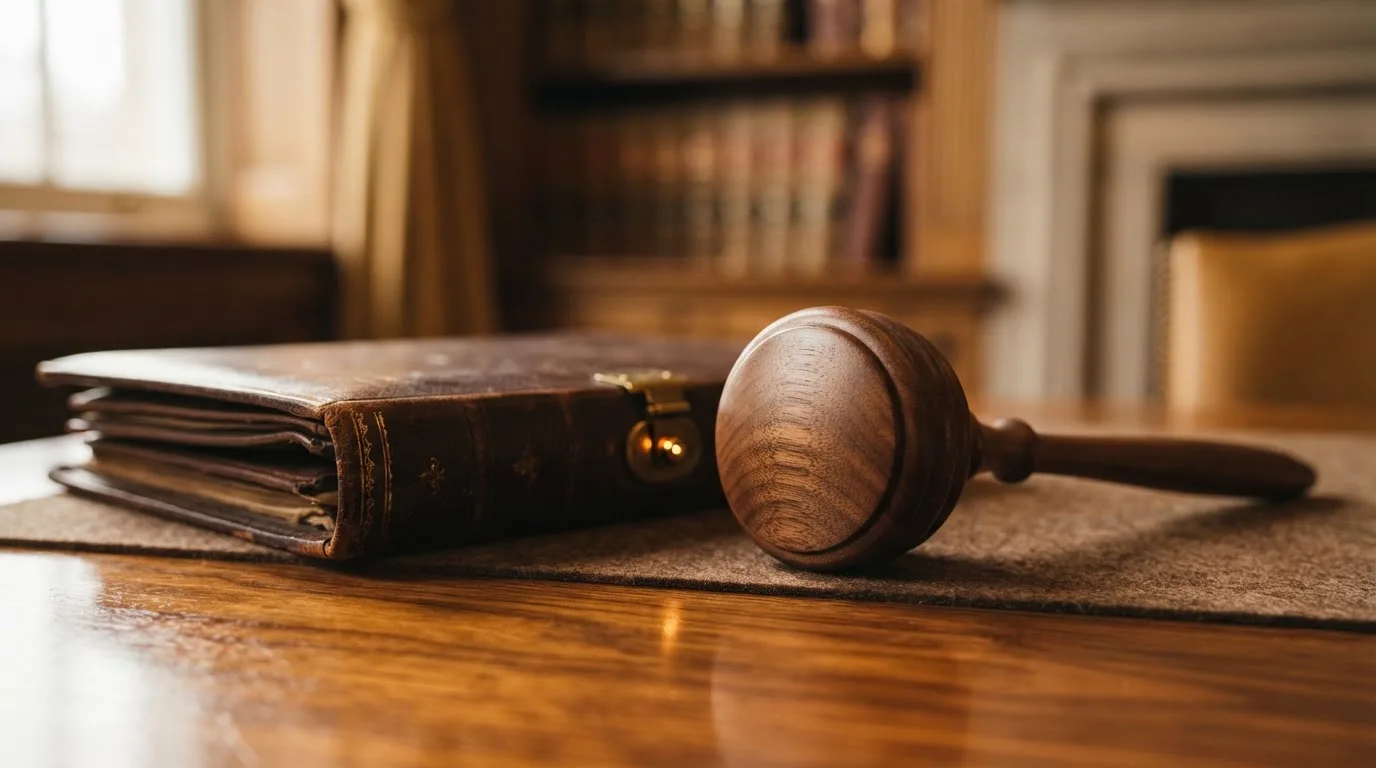 Un ciocan de judecător lângă un dosar de piele închis, pe o masă de nuc lustruit — păcănele fără depunere în românia