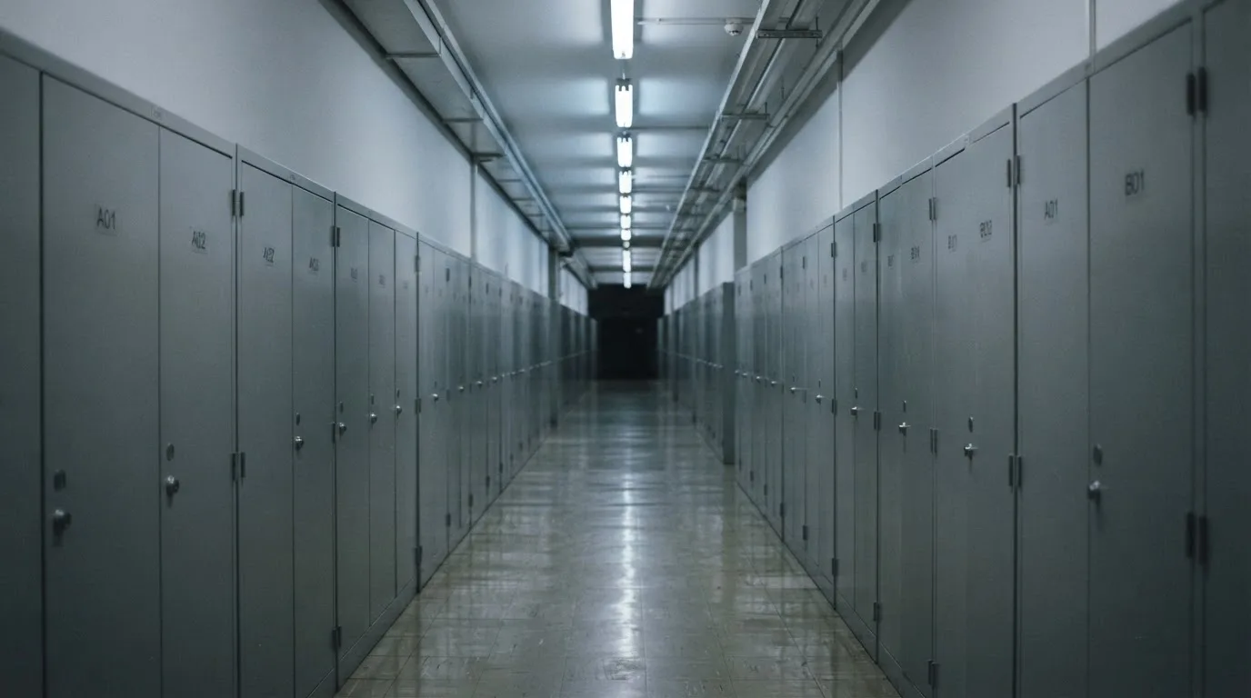 Un șir de dulapuri metalice încuiate pe un coridor lung, luminat de neoane palide — păcănele gratis în românia