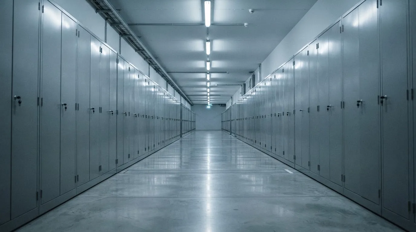 Un șir de dulapuri metalice încuiate pe un coridor lung, luminat de neoane palide — păcănele jocuri în românia