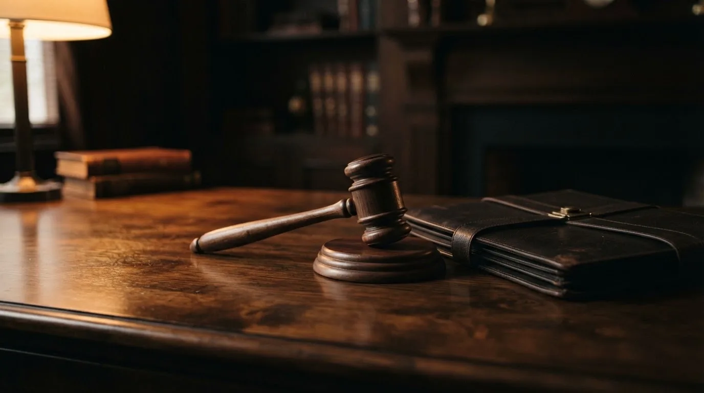 Un ciocan de judecător lângă un dosar de piele închis, pe o masă de nuc lustruit — păcănele pe bani în românia
