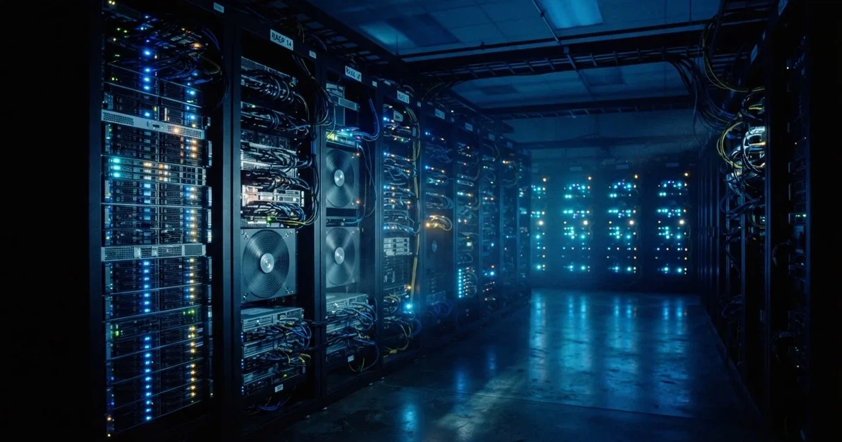 Rafturi de servere într-o cameră întunecată, cu lumini albastre difuze și ventilatoare — ripple cazinou în romania