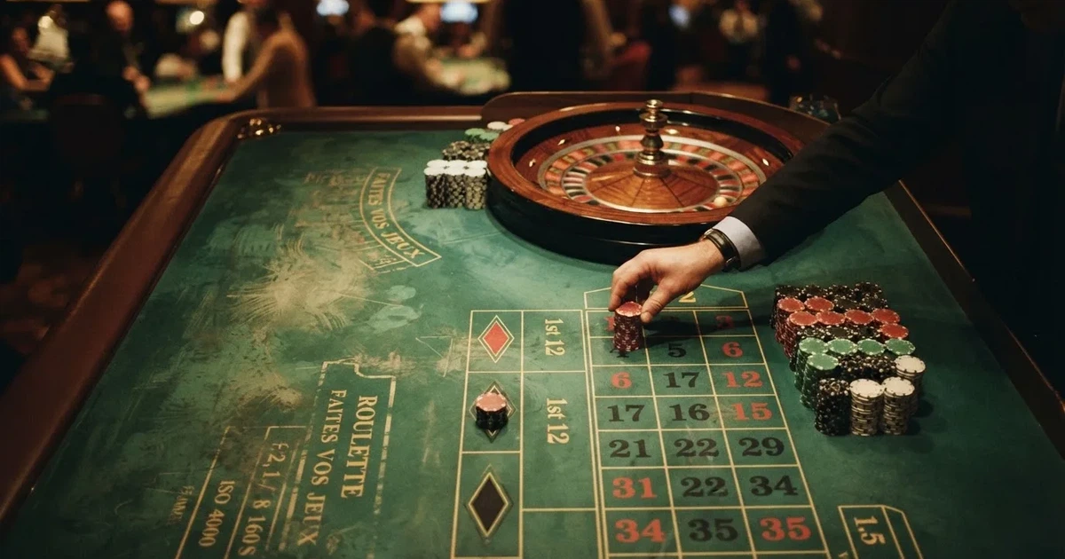 Mâini de crupier aranjând jetoane pe o masă de poker, în lumina unui spot — ruletă europeana în românia