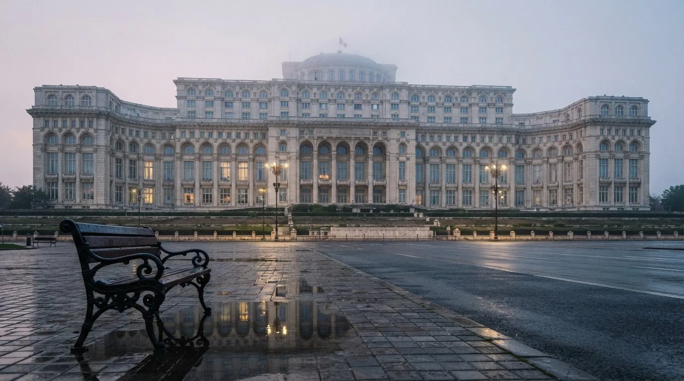 Fațada de piatră a unei clădiri guvernamentale din București, în lumina rece a zorilor — ruletă europeana în românia