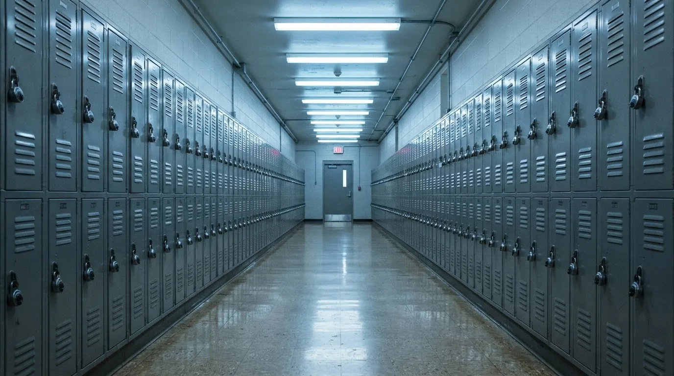 Un șir de dulapuri metalice încuiate pe un coridor lung, luminat de neoane palide — ruletă gratis în românia