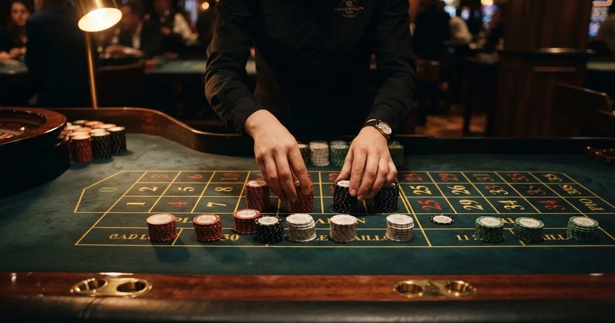Mâini de crupier aranjând jetoane pe o masă de poker, în lumina unui spot — ruletă reguli pentru români