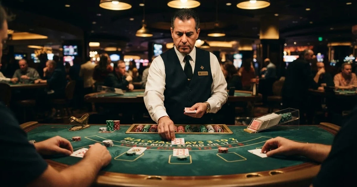 Un crupier în vestă neagră împarte cărți la o masă de blackjack, sub spoturi calde — site-uri de păcănele în românia