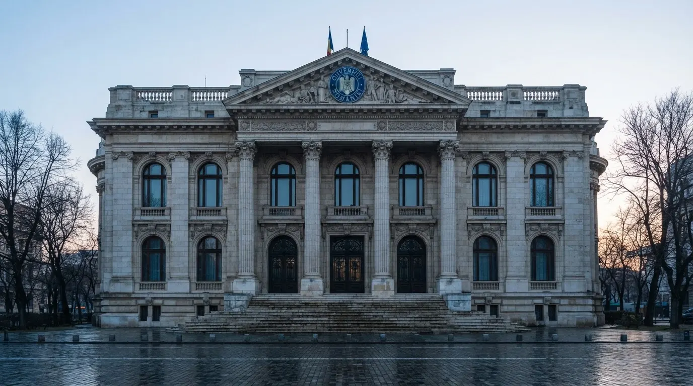 Fațada de piatră a unei clădiri guvernamentale din București, în lumina rece a zorilor — sloturi cu fructe în românia