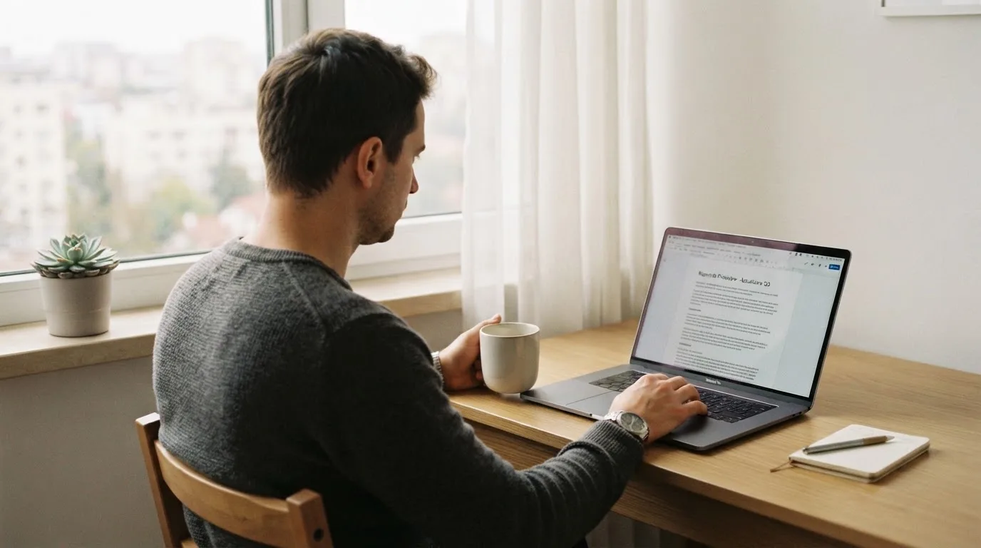 Bărbat cu o cană în mână stă la un laptop deschis la fereastră, într-un apartament modern cu lumină blândă.