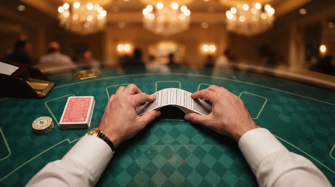 Mâinile unui crupier amestecă cărțile sub candelabrele unui cazinou elegant — tron cazinou în romania